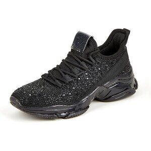 🆕 Women's Rhinestone Mesh Slip-On Walking Shoes Black Fabric Sparkle Glitter